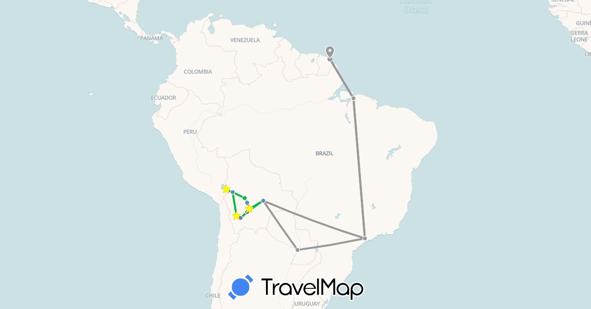 TravelMap itinerary: bus, plane, cycling, hiking in Bolivia, Brazil, French Guiana, Paraguay (South America)
